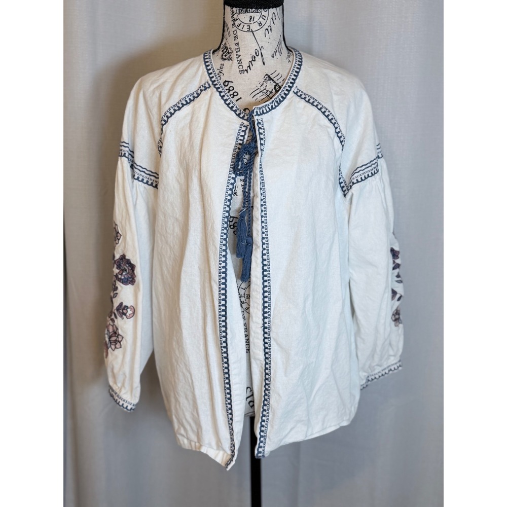 Loft Outlet Embroidered Jacket Boho White Linen Blend Tassel Tie Size L